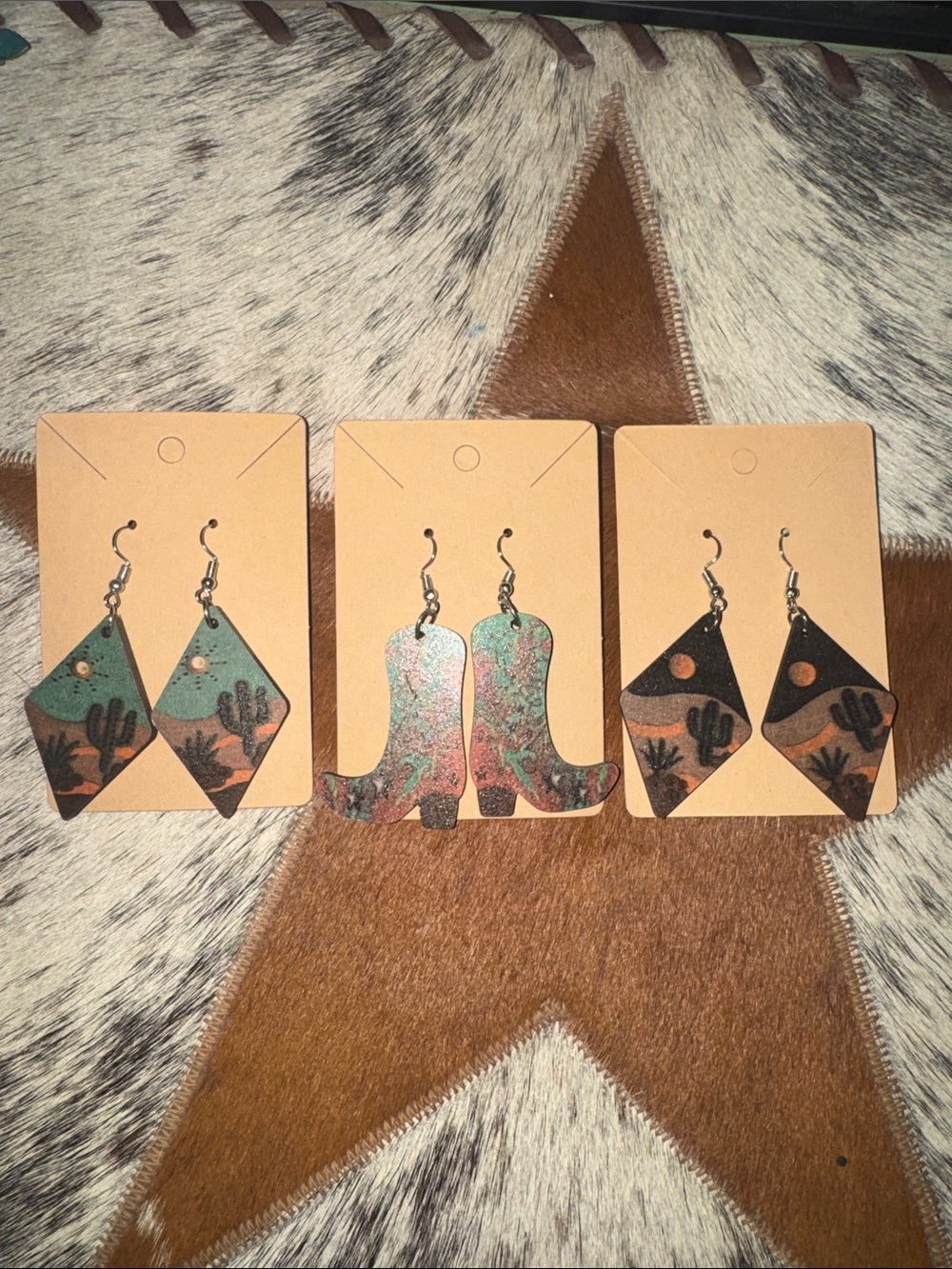 Desert Cactus Western Wood Earrings Trio - Turquoise, Green & Black LOT of 3